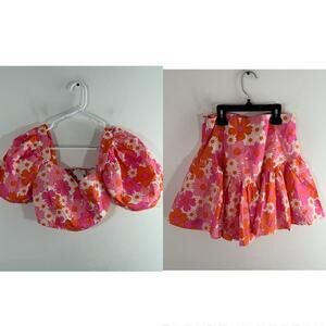 Collective The Label Pink Orange Floral Puff Sleeve Top Mini Skirt Set 0 Petite